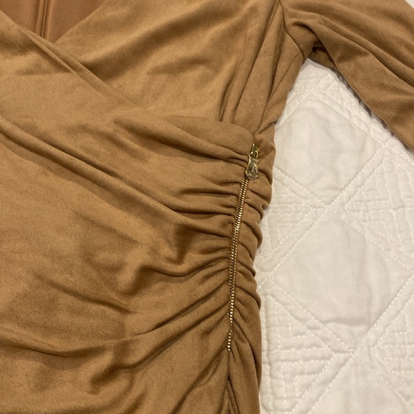 Kay Unger Tan Micro Suede Midi Dress- Faux wrap with decorative side zipper - Picture 12 of 15